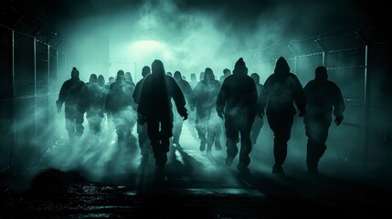 Fog obscures silhouetted figures marching forward in a dark, industrial corridor