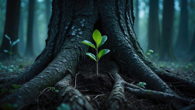 Young plant growing at the base of a large tree root in a forest. Nature, growth, environment, and sustainability concept.