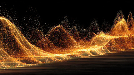 Dynamic 3D rendering of vibrant orange particles flowing and exploding in wave patterns. Energetic motion with glowing effects on a dark background. Caption space on the side for text or branding.

