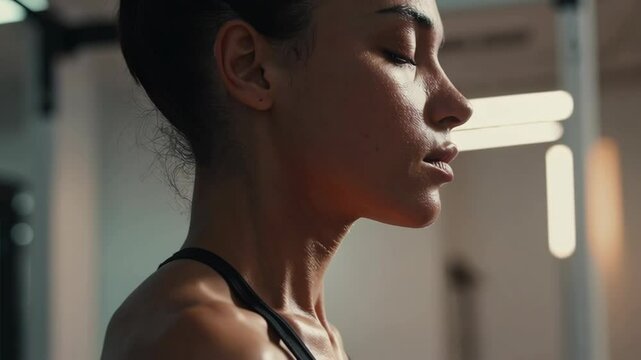 Super slow motion close up of sweat female athlete is relaxing and breathing on a break from doing workout to maintain healthy lifestyle and bodybuilding