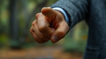 Hand in suit points towards viewer with blurred autumn trees in background, focus on fingers