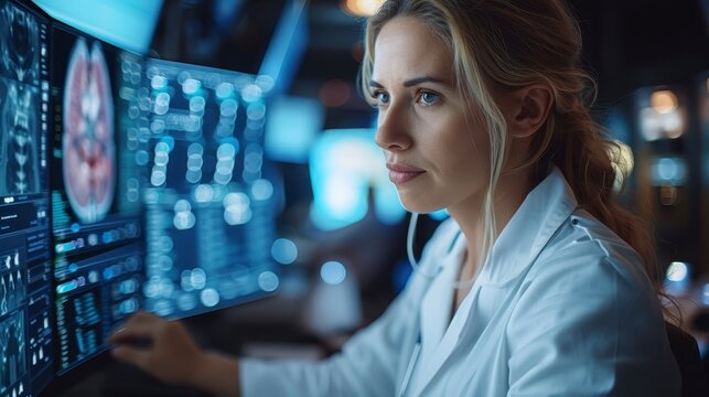 Focused woman analyzes brain scans on monitors