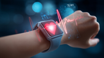 A smartwatch on a wrist displays a glowing heart pulse hologram illustrating real time health monitoring technology.
