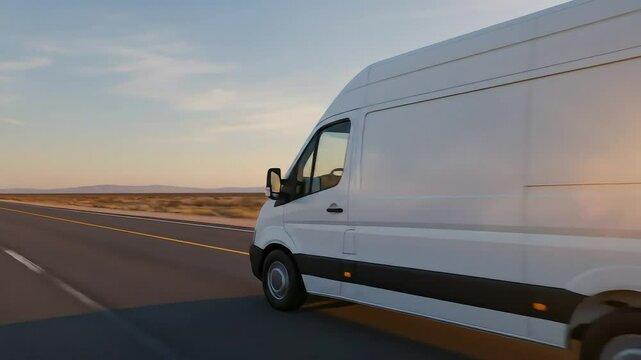 White Van Driving On An Open Highway Towards The Sunset With Clear Skies