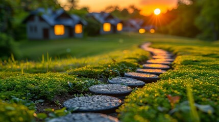 Stepping stone path leads to cottages glowing at sunset. Serene, idyllic scene