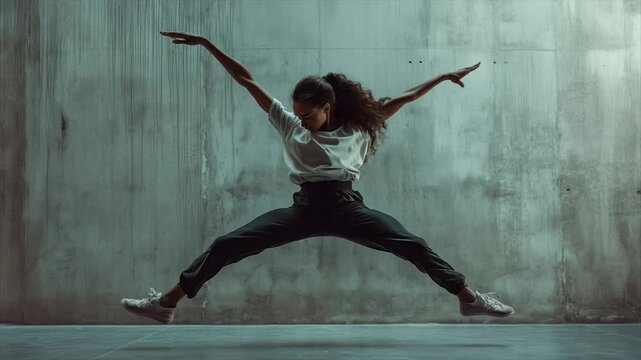 Dynamic street dancer in mid-leap against a textured concrete wall