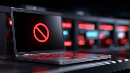 Modern laptop displaying a bold red prohibition sign on screen, representing access denied cybersecurity restriction and system lockdown.
