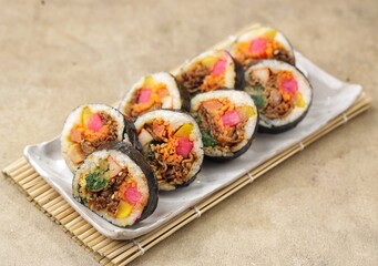 Kimbap or also known as gimbap is a typical Korean rice roll