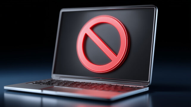 Modern laptop displaying a bold red prohibition sign on screen, representing access denied cybersecurity restriction and system lockdown.

