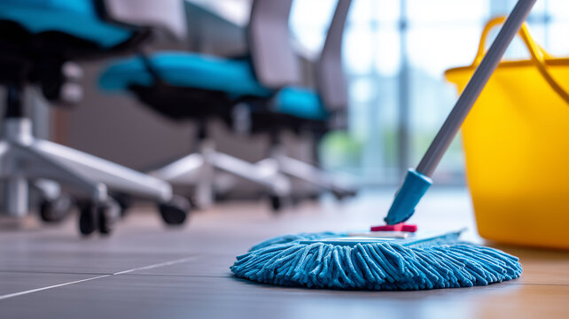 Close up of blue microfiber mop and yellow bucket on a polished office floor, illustrating professional janitorial cleaning in a contemporary workspace.
