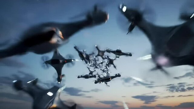 A fleet of dark futuristic drones hovers in a twilight sky
