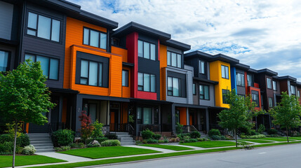 Naklejka premium Vibrant row of colorful modern townhouses under clear blue sky. Contemporary architecture with clean lines and playful hues. Urban lifestyle, cheerful neighborhood, and sunny atmosphere.