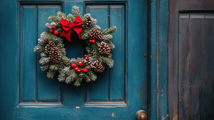 Rustic Christmas wreath with pine cones and eucalyptus leaves hanging on a wooden door. A natural, festive decoration symbolizing warmth, tradition, and seasonal charm. Caption space on the side.

