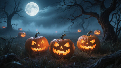 A hauntingly Halloween scene under a full moon, featuring three carved jack-o'-lanterns glowing warmly. Halloween, Halloween Costumes, Halloween Background, Happy Halloween