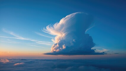 A large, billowing cloud formation with a unique shape over the sky during sunset or sunrise, creating a dramatic scene.