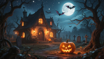 A hauntingly Halloween scene under a full moon, with a grand, gothic mansion illuminated by warm, flickering lights. Halloween, Halloween Costumes, Halloween Background, Happy Halloween