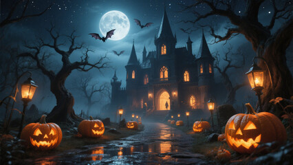 A hauntingly Halloween scene under a full moon, with a grand, gothic mansion illuminated by warm, flickering lights. Halloween, Halloween Costumes, Halloween Background, Happy Halloween