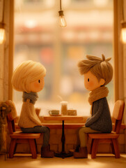 Two stylized figures sit across from each other in a warm café, sharing a quiet gaze filled with meaning.