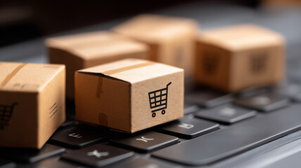 Miniature cardboard shipping boxes on keyboard symbolize evolving ecommerce shopping cart and global delivery logistics.
