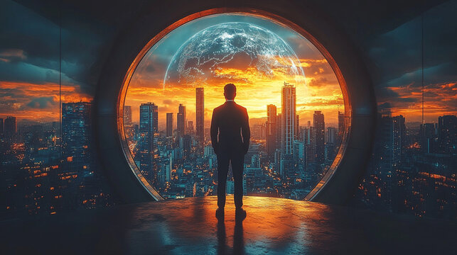 Silhouette of businessman from behind standing before a digital earth globe with network connections over a cityscape. Blurred futuristic background. Symbol of global vision, tech, and leadership.

