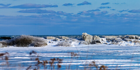 winter landscape with snow on the shore lake Michigan