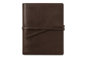 Closed brown leather notebook with leather strap, isolated on transparent background, ideal for writing and taking notes