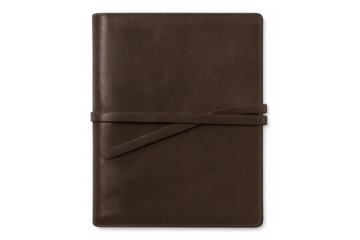 Closed brown leather notebook with leather strap, isolated on transparent background, ideal for writing and taking notes
