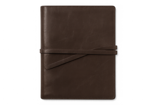 Closed brown leather notebook with leather strap, isolated on transparent background, ideal for writing and taking notes