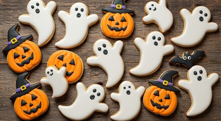 Decorated Halloween cookies on a rustic wooden surface, in ghost shapes