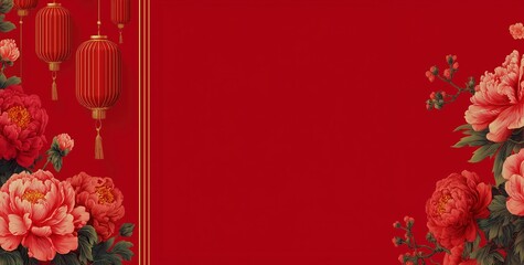 Chinese - Style Red Background for Spring Festival, with Lanterns and Peonies, Suitable for Festival Design, Wedding Decoration, Cultural Promotion Material