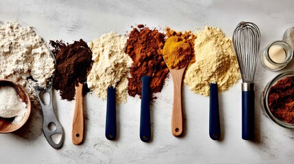 Assorted baking flours, spices, kitchen tools on marble