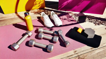 Outdoor fitness gear on pink mat, sunny deck