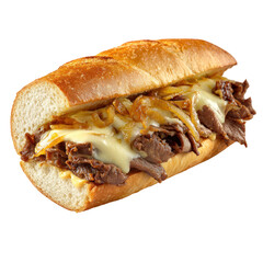 Philly Cheesesteak - Classic Philly cheesesteak sandwich with thinly sliced beef and melted cheese on transparent background

