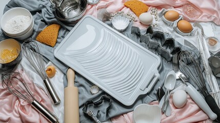 Baking tools arranged on fabric, shells background, overhead shot