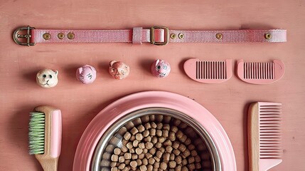 Pink pet supplies flatlay; food, collar, brush, comb