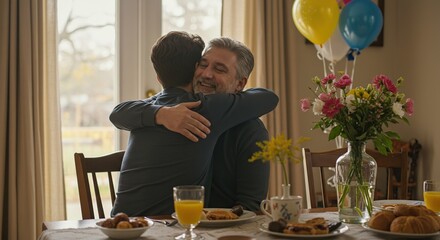 Father And Son Hugging At A Birthday Celebration With Balloons And Flowers At Table