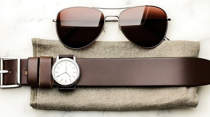 Men's accessories watch, belt, sunglasses on marble
