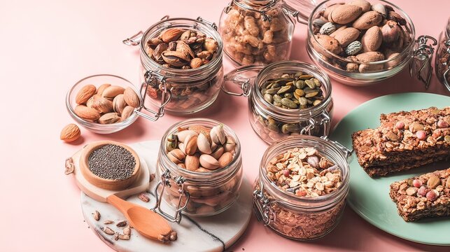 Pink background, assorted nuts, seeds, granola bars, healthy snack