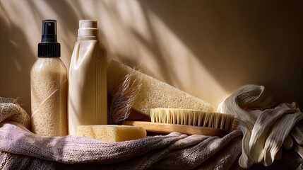 Beige cleaning products on fabric, sunlit studio