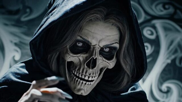 the evil witch with the face of a scary skull stares intently. halloween background videos. looping animation