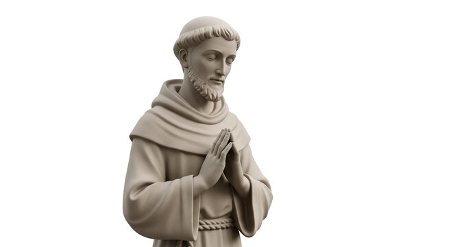 Saint Francis of Assisi praying with clasped hands isolated on white background realistic stone sculpture