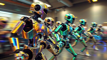 Robots march with colorful reflections