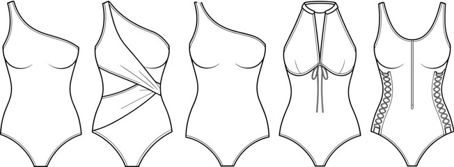 Stylish One Shoulder Swimsuit Collection Flat Technical Sketch, Featuring Various Designs, Ideal for Swimwear Apparel Design and Mockups.