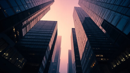 Urban Ascent: An eye-level perspective unveils a cluster of sleek skyscrapers piercing the sky.