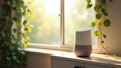Smart Home Oasis: A modern smart speaker sits nestled on a windowsill, surrounded by lush greenery, offering a glimpse into the connected home of the future.