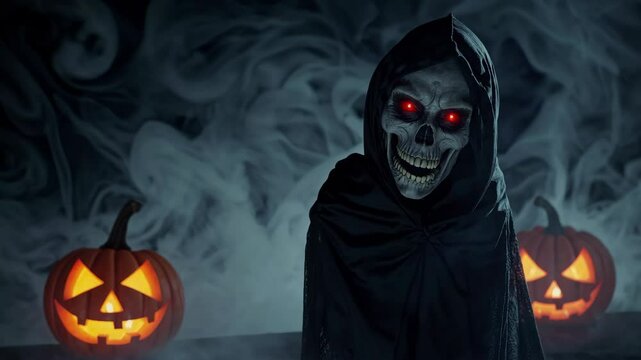 the evil witch with the face of a scary skull stares intently. halloween background videos. looping animation