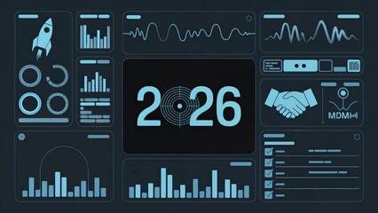 Futuristic interface shows the year 2026 with graphs and data visualization