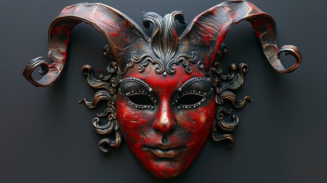 Ornate, demonic mask with curled horns, red face, & decorative metalwork - Powered by Adobe