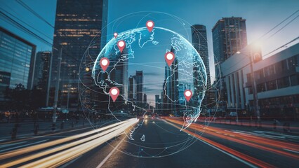 Global network over a vibrant cityscape with modern buildings and fast moving traffic