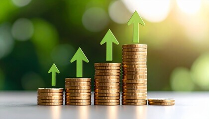 coin stack growing upward with trend arrows, representing successful crypto invest